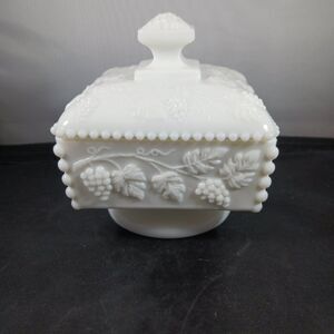 Westmoreland Milk Glass Beaded Grape Design Footed Candy Dish With Lid